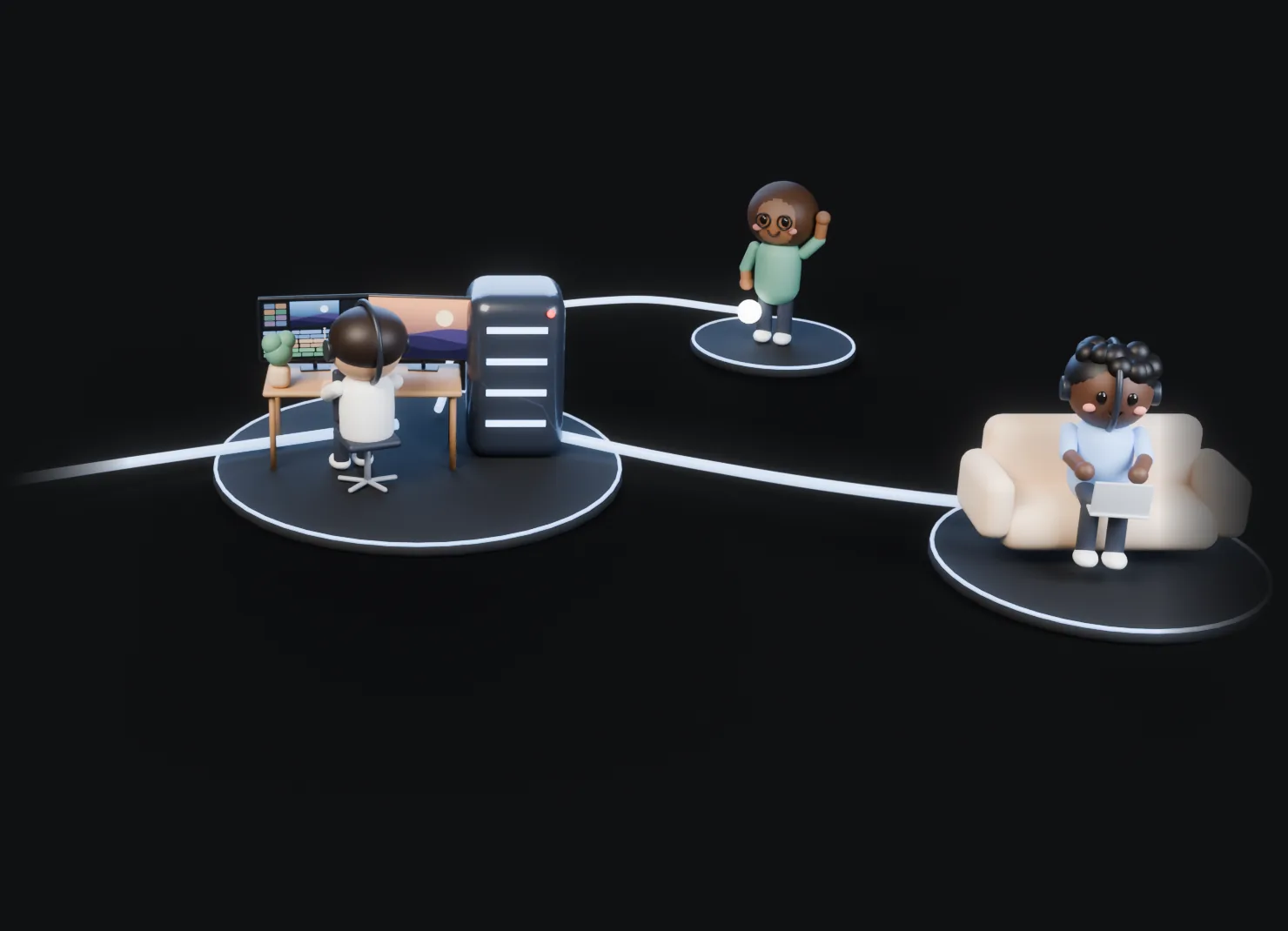 Remote post production — an edit suite, a machine, and a small team linked across one floor